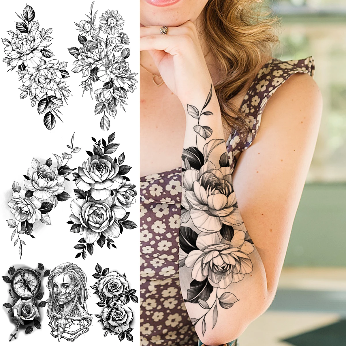 Black Peony Temporary Tattoos For Women Girls Realistic Compass Face Rose Flower Fake Tattoo Sticker Arm Body Tatoos Rose