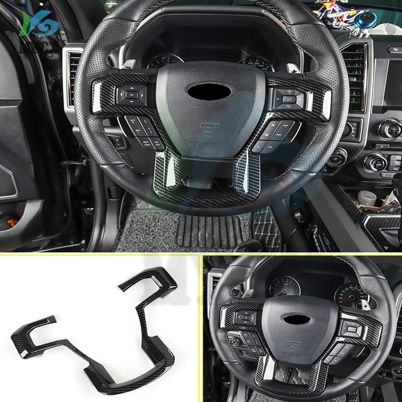 Fit For Ford Raptor F-150 2017 2018 2019 2020 Car Accessories Carbon Fiber Steering Wheel Button Decor Cover Trim 1pcs