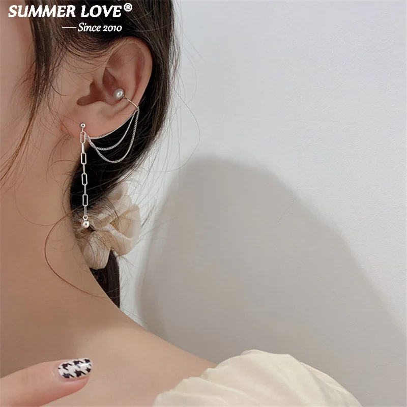 

Real 925 Sterling Silver Ear Cuff Korean Fashion Silver Tassel Earrings Pearl Clip On Earrings for Women Jewelry