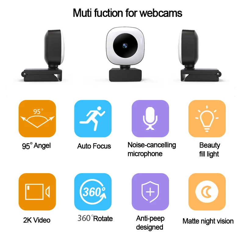 USB Web Cam 360 Rotation 2K HD Computer Webcam Drive Free Auto Focus Built-in Microphone Conference Video Camera