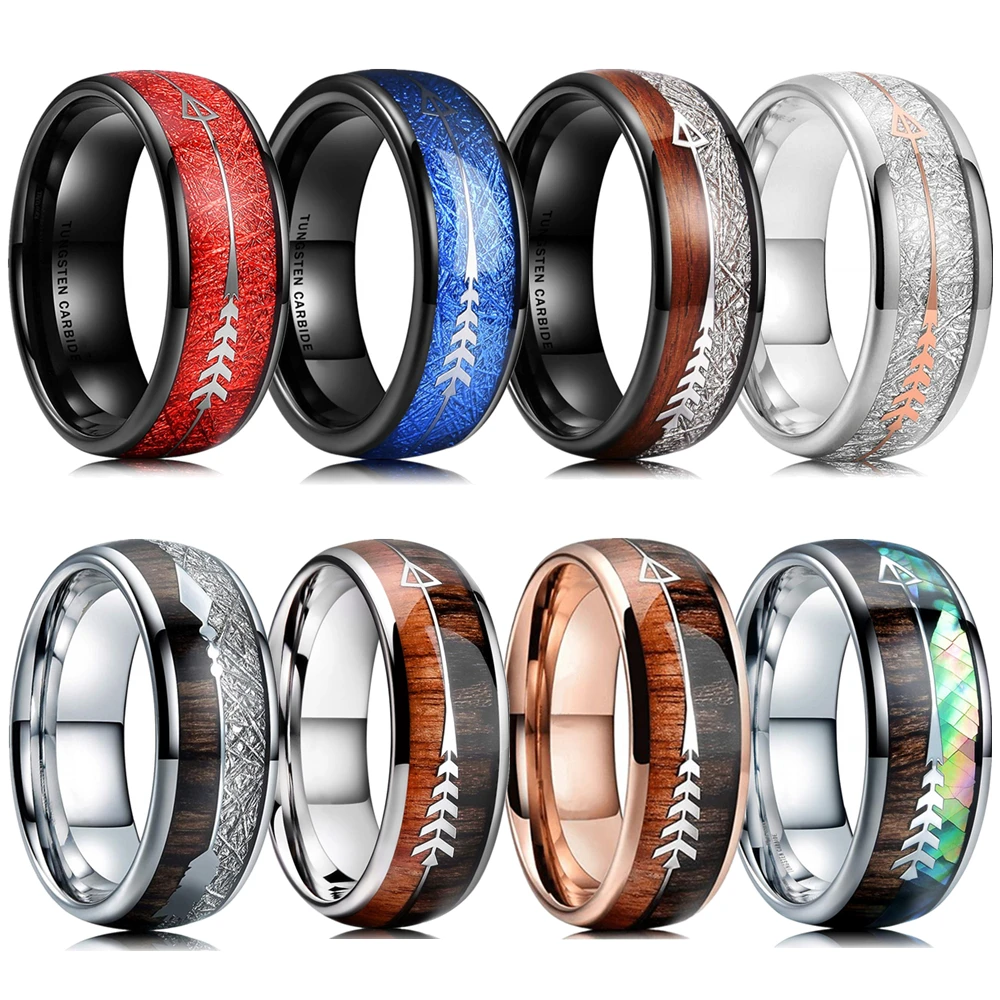 8 Colors Luxury Mens 8mm Tungsten Wedding Stainless Steel Ring Koa Wood Meteorite Inlay Arrow Ring Punk Men Wedding Band Jewelry