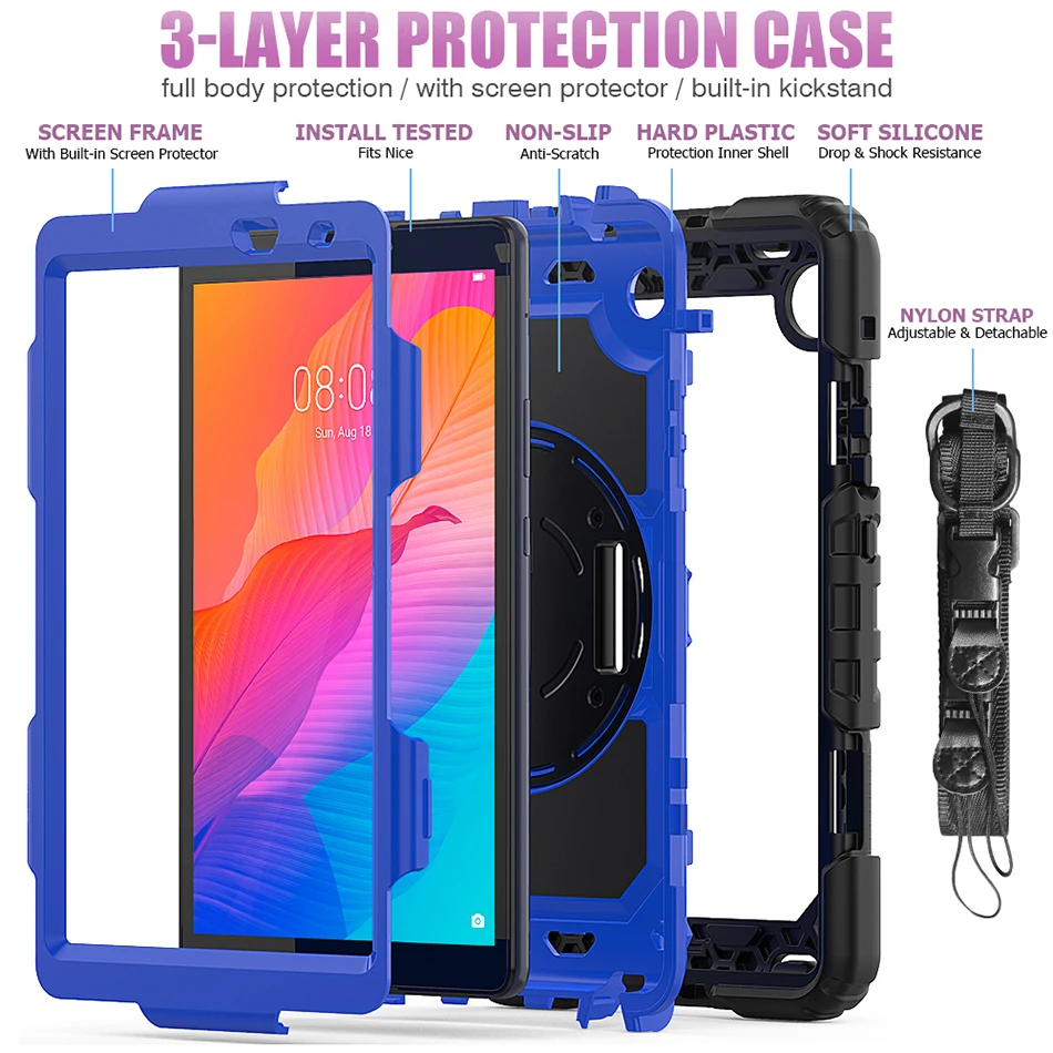 Capa giratória de silicone 360 com alça de mão e alça para huawei matepad t8 2020, capa à prova de choque + caneta