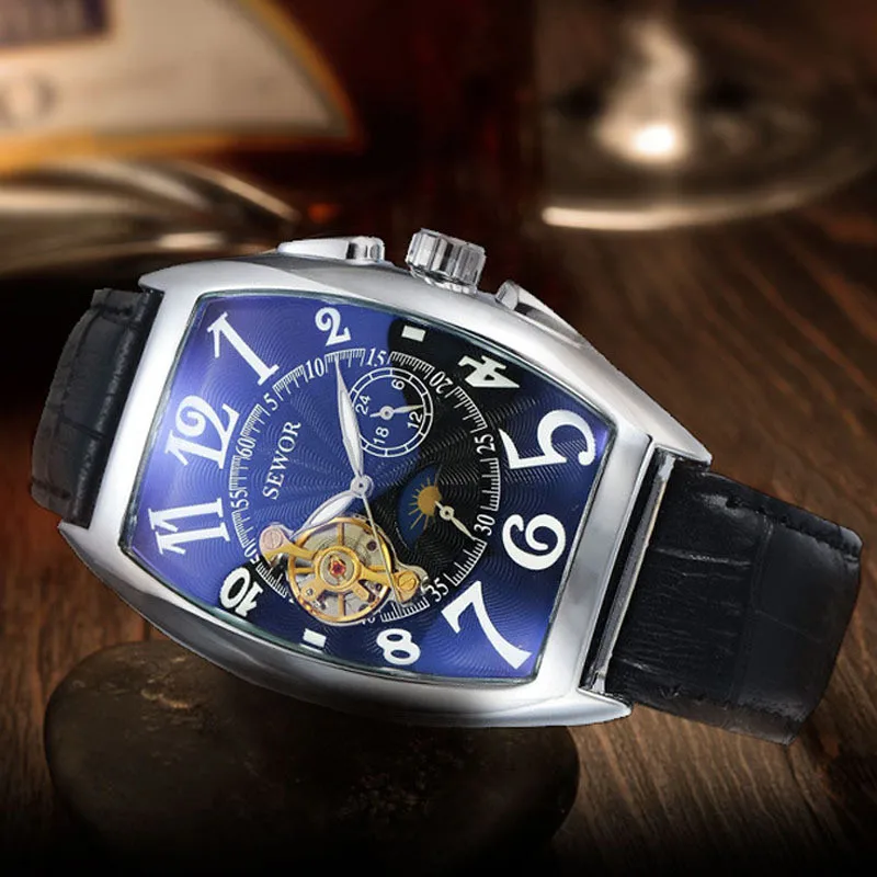 Fashion business tourbillon mechanical watch European and American wine barrel belt men's watch