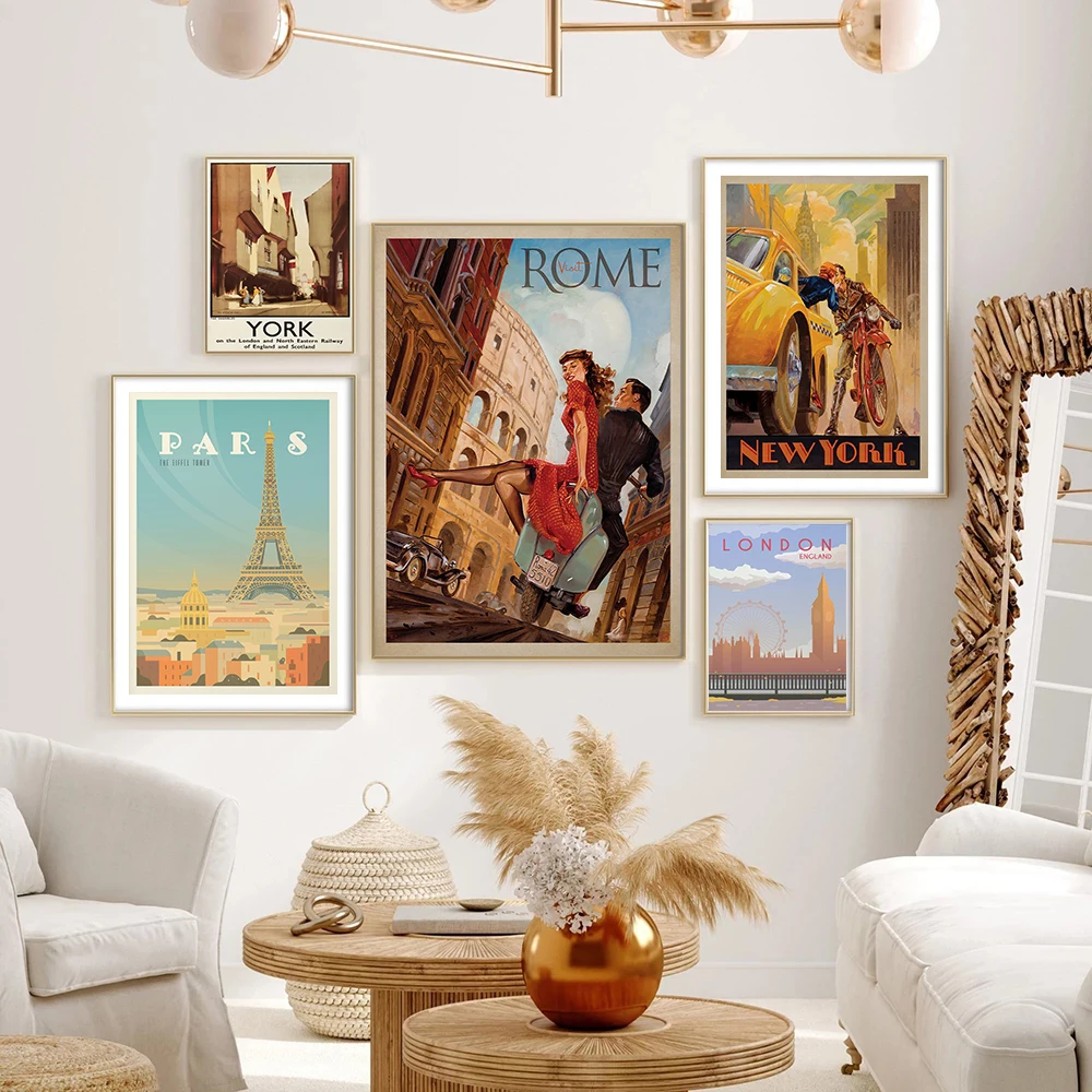 رومانسية الأصفر سيارة أجرة قماش اللوحة روما نيويورك باريس لندن Vintage الإعلان السياحة الملصقات يطبع كوادروس جدار صورة فنية #3