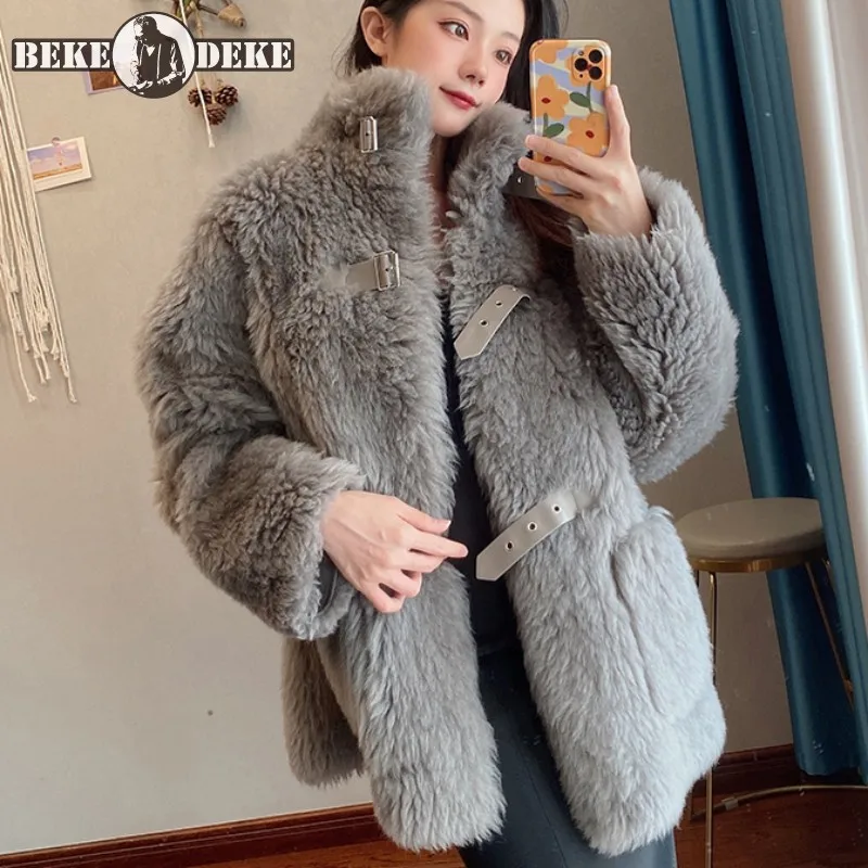 Natural Wool Coat Women Winter Warm Stand Collar Long Sleeve Fashion Luxury Office Ladies Elegant Real Sheep Fur Jacket Overcoat