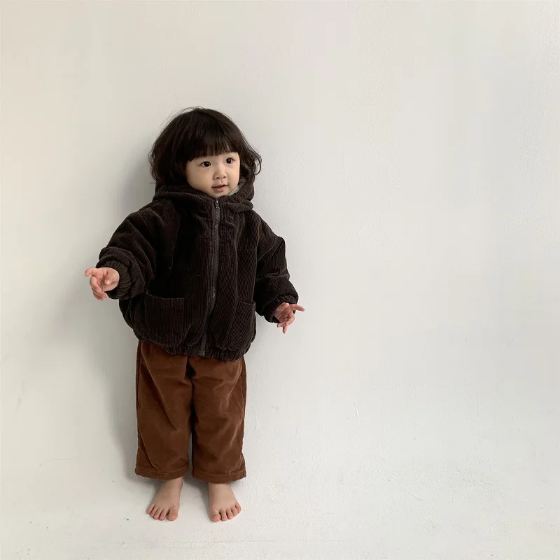 Baby Boy Girl Corduroy Down Jacket Fleece Thick Warm Infant Toddler Hooded Winter Coat Cotton Padded Outfit Baby Clothes 1-7Y