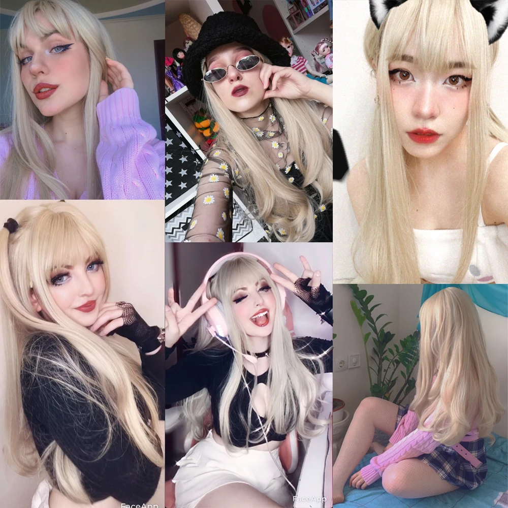 HENRY MARGU Long Natural Wavy Platinum Blonde Wigs with Bangs Cosplay Party Lolita Synthetic Wigs for Women Heat Resistant Fiber