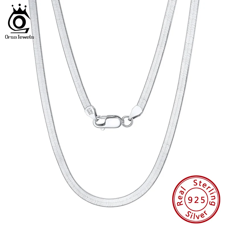 ORSA JEWELS 925 Sterling Silver 3mm Flexible Flat Chain Herringbone Snake Chain Necklace for Women Men Neck Chain Jewelry SC35