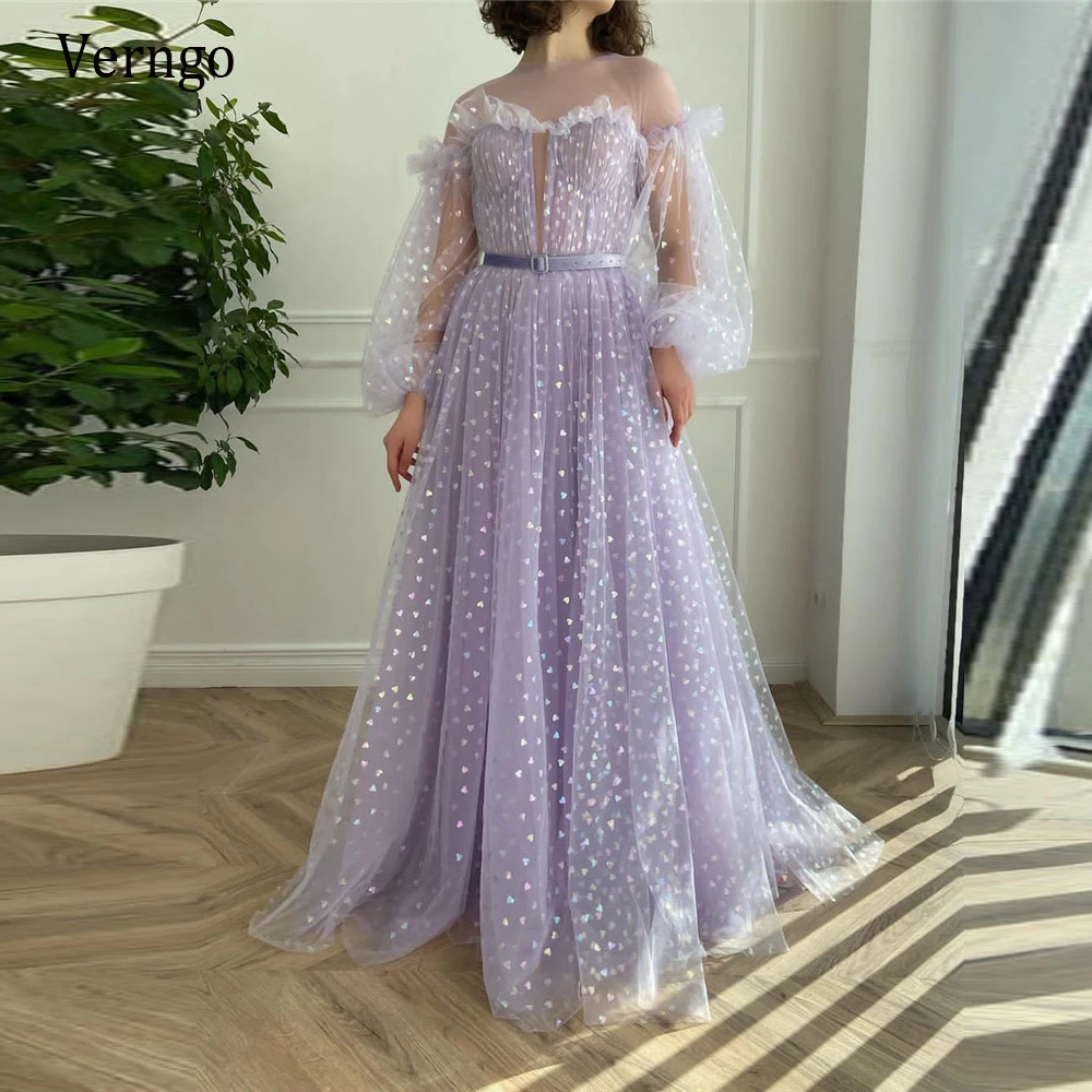 

Verngo Elegant Lavender Heart Tulle A Line Prom Dresses 2021 Puff Long Sleeves O Neck Ruffle Neck Floor Length Evening Gowns