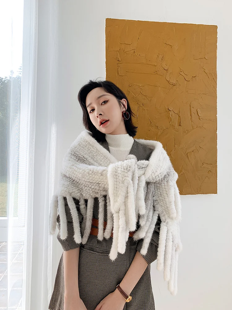 New Fashion Women Genuine Real Mink Fur Shawl Scarf with Tassle Gray Cape Lady Elegant Wraps Dropshipping