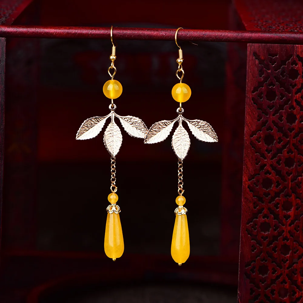 Chinoiserie Fashion Trend Long Temperament Earrings Women Jewelry Ethnic Copper Leaves Yellow Chalcedony Water Drops Eardrop