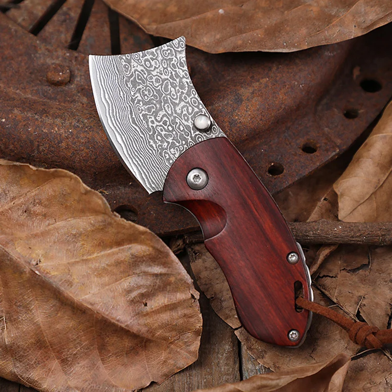 Kitchen tools sharp Damascus steel imports blacksmithing camping tool mini folding knife wood handle outdoor self-defense knife