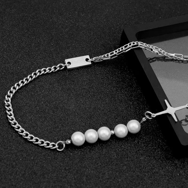 Fashion Stainless Steel Reflective Pearl Cross Necklace Women's Clavicle Chain Women's Dinner Ball Jewelry Accessories