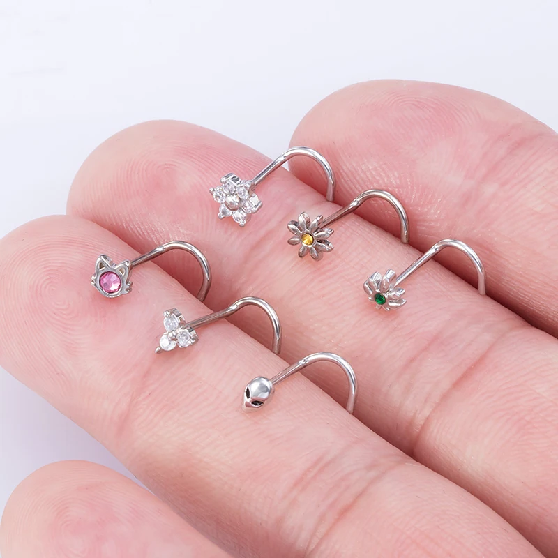 1PC 20g Surgical Steel Nose Stud Ring Nose Piercing for Women Cat Alien Flower Leaf CZ Inlaid Nose Screw Rings Body Jewelry Gift
