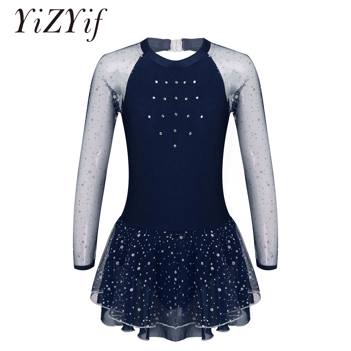 Kids Glittering Rhinestones Long Sleeves Mesh Figure Skating Dress Girls Ballet Gymnastics Leotard Stage Performance Dance Wear