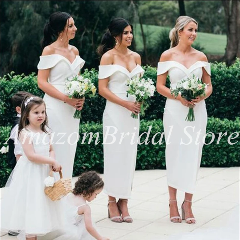 Vestido de dama de Honor de satén blanco con hombros descubiertos, vestido de dama de Honor, vestido de fiesta para mujer