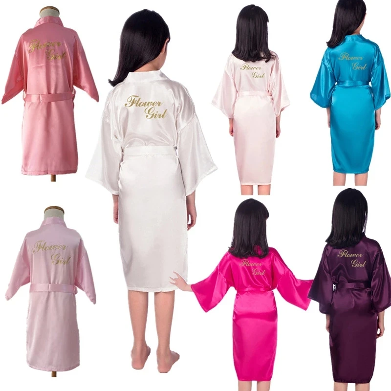 Wholesale Link Flower Girl Robe Gold Glitter Children Satin Silk Kimono Solid Color Kids Sleepwear for Wedding Spa Party D34