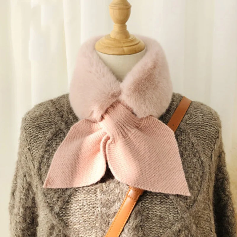 Korean Women Bow Knit Wool Warm Scarf Winter Faux Rabbit Fur Thicken Windproof Cross False Collar Neck Guard Plush Shawl O77