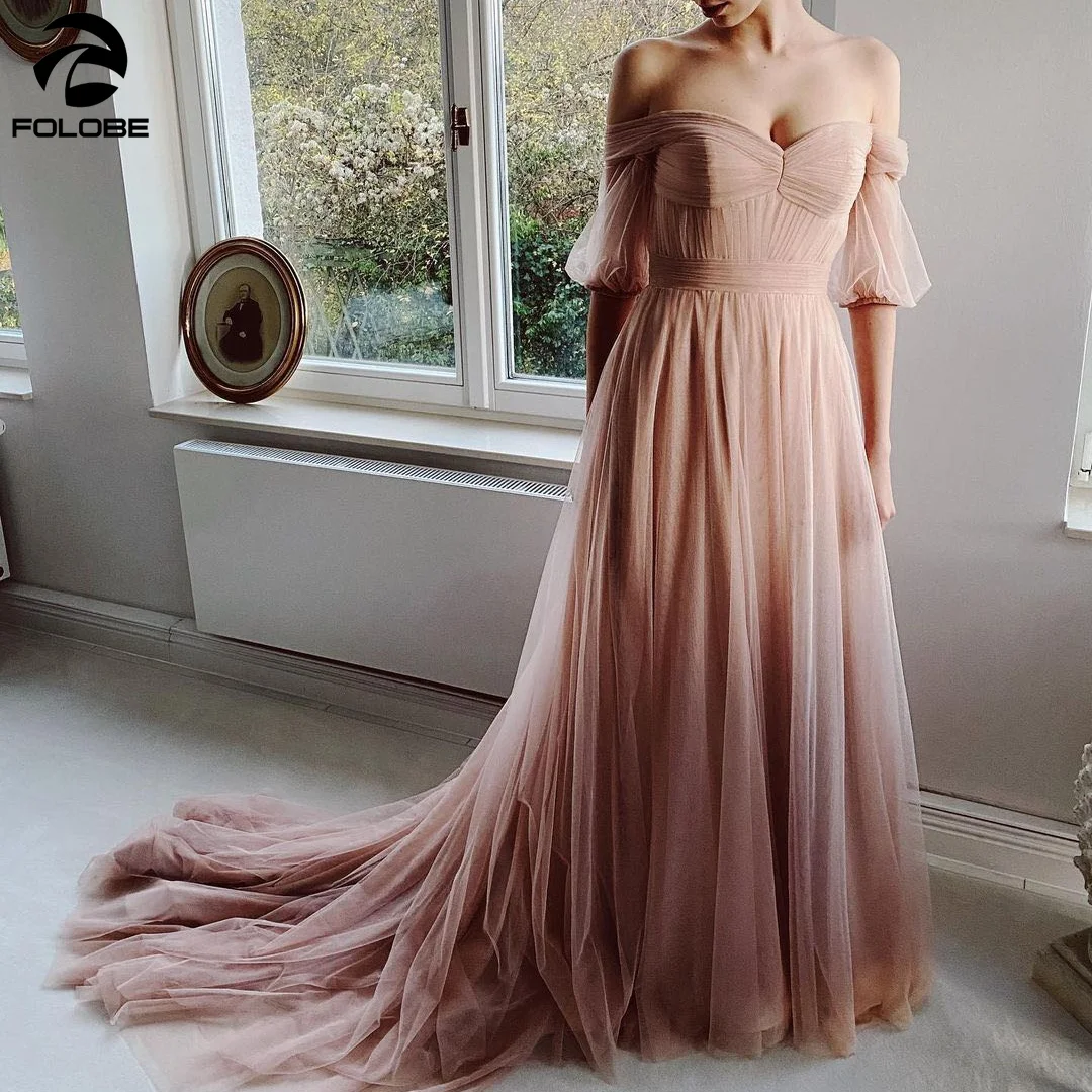 2021 Latest Design Wedding Dresses Sweetheart Pleated Off Shoulder Puff Sleeve A-Line Tulle Bridal Gowns vestidos de novia