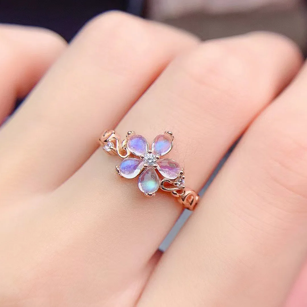 

Silver Flower Ring Rose Gold Color 925 Silver Moonstone Ring For Women Engagement Wedding Gift