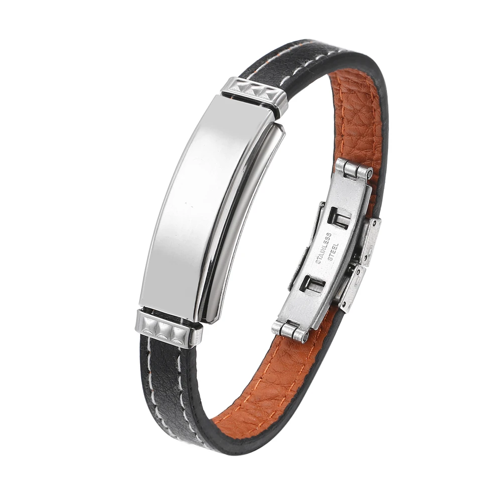 

2024 Trend Jewelry Stainless Steel Leather Bracelet Classical Titanium Steel Smooth Glossy Cuff Bracelet For Men And Women