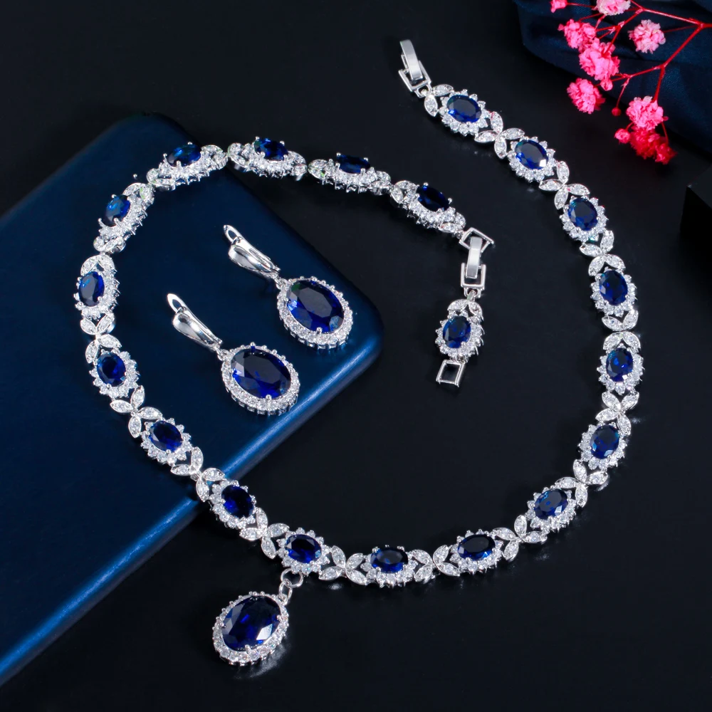 CWWZircons White Gold Color Cubic Zirconia Leaf Drop Blue Big Wedding Necklace Women Party Costume Jewelry Set for Brides T523