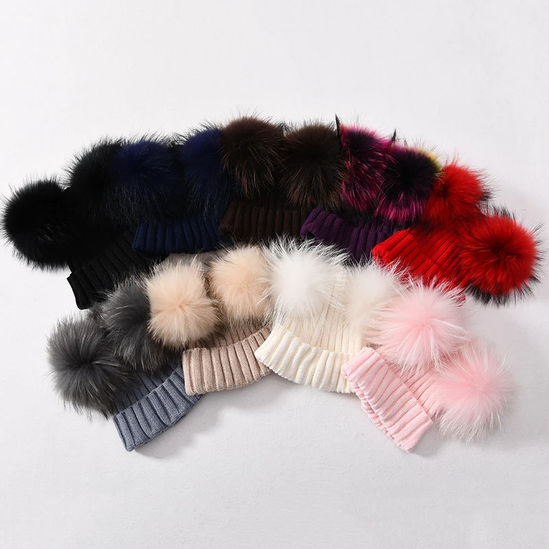 Winter Real Fur Ball Beanie Hat for Women Ladies Fluffy Double Natural Raccoon Fur Pom Pom Skullies Beanie Hat With 2 Fur Pompom