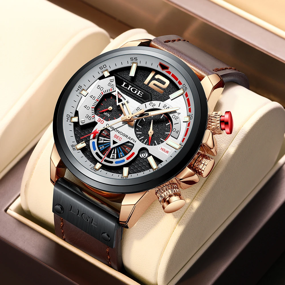 LIGE 2022 New Fashion Mens Leather Quartz Watch For Men Top Brand Luxury Wristwatch Waterproof Sport Clock Relogio Masculino+Box