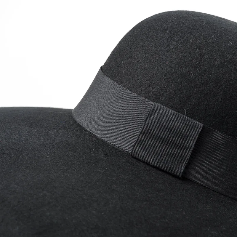 Vintage Luxury Catwalk Black Pure Wool Felt Floppy Hat Wide Brim Women Winter Fedora Cloche Bowler Hat Wedding Party Church Hat