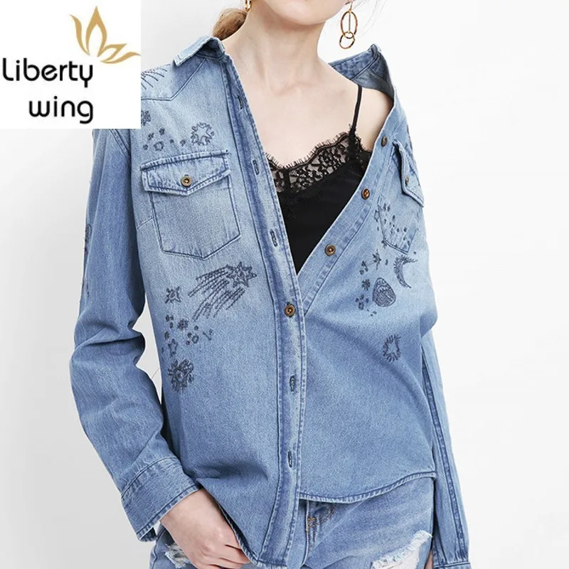 Spring New Embroidery Long Sleeve Denim Women Fashion Washed Cotton Jean Shirts Single Breasted Blouse Female Tops