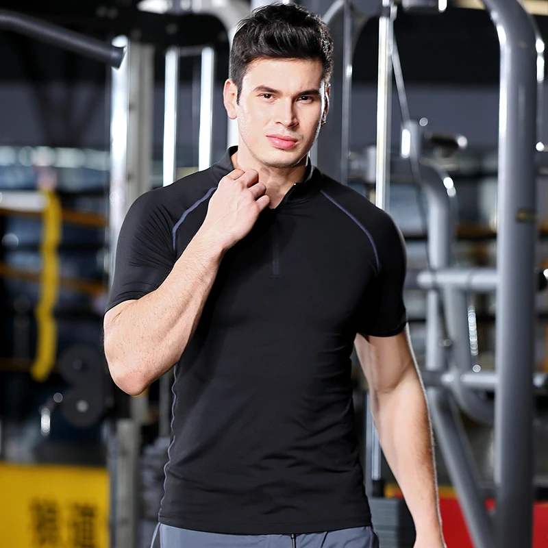 Men Fitness High Stretch Tight Speed Dry Running Stand Collar Half Zipper Casual Sportswear Workout Shirt  Polyester  Gym Shirt