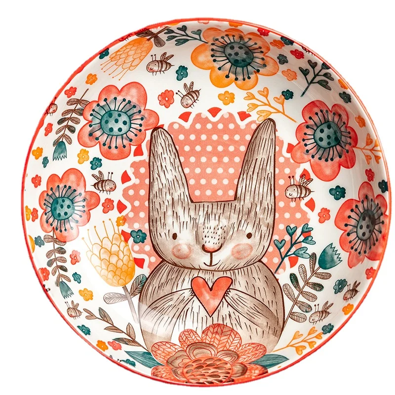 1pc/cute rabbit hand-painted bowl and plate underglaze ceramic household soup bowl commercial hotel noodle bowl fruit salad bowl