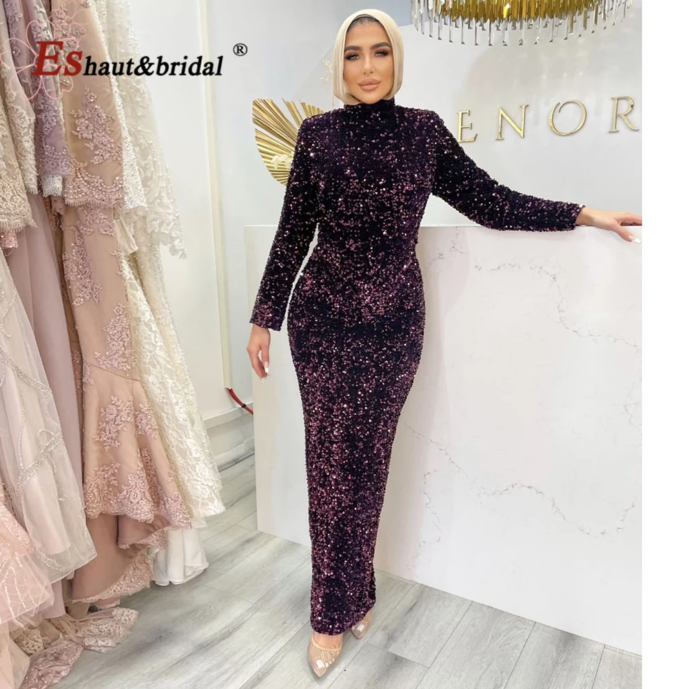 Elegant Evening Night Dresses for Women 2023 Muslim Tea Length High Neck Mermaid Long Sleeves Formal Prom Wedding Party Gowns