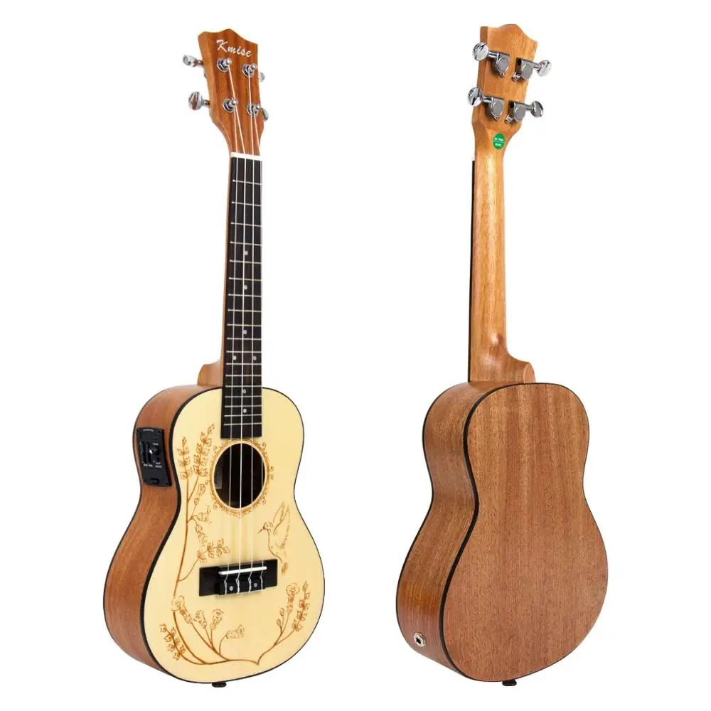 Kmise Ukulele Concert Electric 23 Inch 18 Frets 4 String Acoustic Solid Spruce Ukelele Uke with Flower and Bird Painting on Top