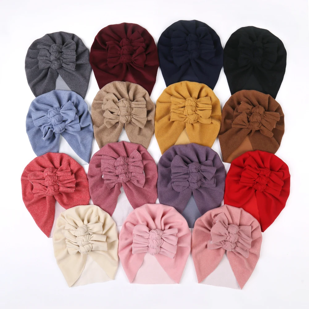 Solid Cashmere Turban Hats Handmade Folded Knotted Caps Soft Warm Beanies Photography Props Infant Autumn Winter Headwraps