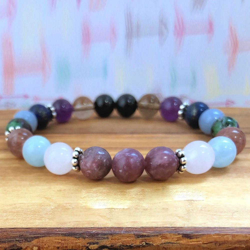 

Wholesale 8 mm Lepidolite Mix Gemstone Bracelet Balance Yoga Wrist Mala Bracelet High Quality Yogi Bracelet For Women