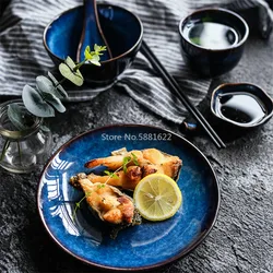 Japanese-style Deep Blue Ceramic Steak Plate Tableware Porcelain Tableware Dinner Set Dessert Plate Soup Bowl Tea Cup Sauce Dish