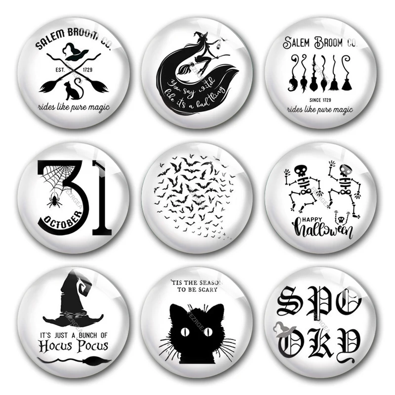 Handmade Bat broom Halloween Party Witch Spider Round Photo Glass Cabochons Demo Flat Back DIY Jewlery Making Findings Accessory