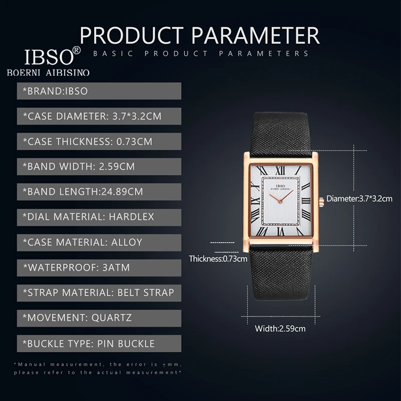 IBSO Ultra-Thin Rectangle Dial Men\'s Quartz Watch Luxury Business Style Genuine Leather Strap Waterproof New Men WristWatches