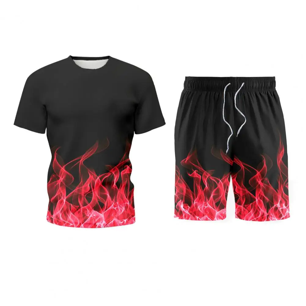 Summer Fashion 3D Digital Print Men Tracksuit Drawstring Two Piece Summer Flame Print Male Sports T-Shirt Shorts Suit Activewear