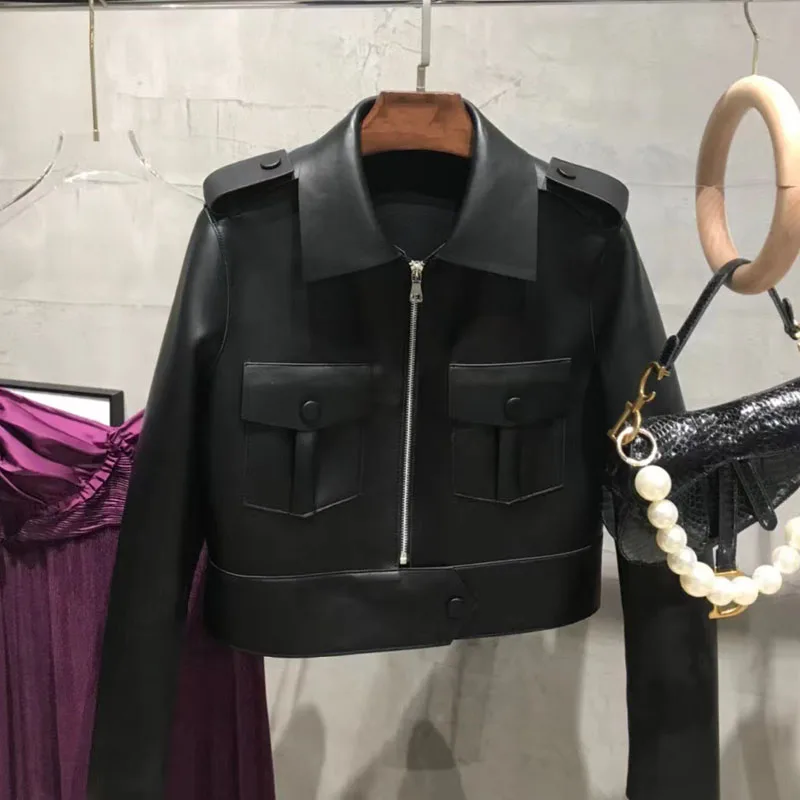 Jaqueta de pele de carneiro real feminina, gola virada para baixo, bolso plissado, roupa casual, moda luxuosa, nova, primavera e outono, 2022