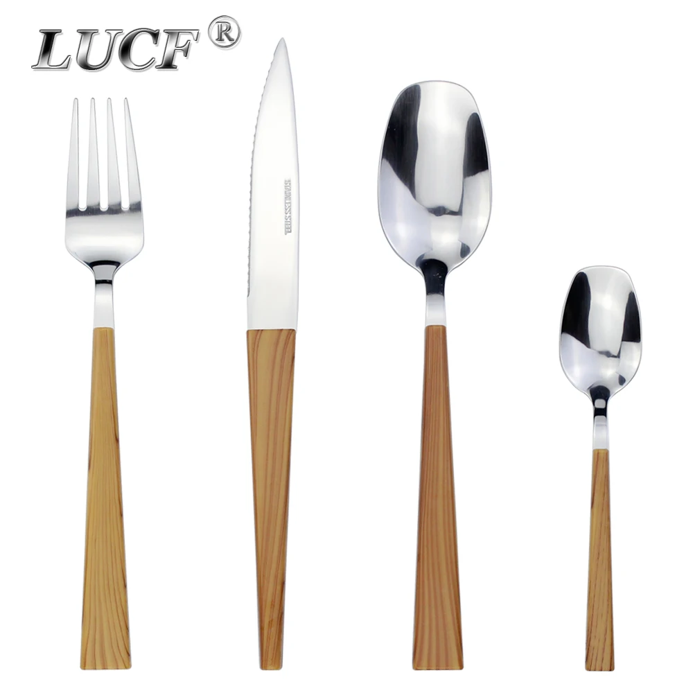 

LUCF Stainless Steel Fashion Dinnerware 4 In 1Set Plastics Handle Mirror Polish Western Cutlery Tableware For Kitchen Restaurant