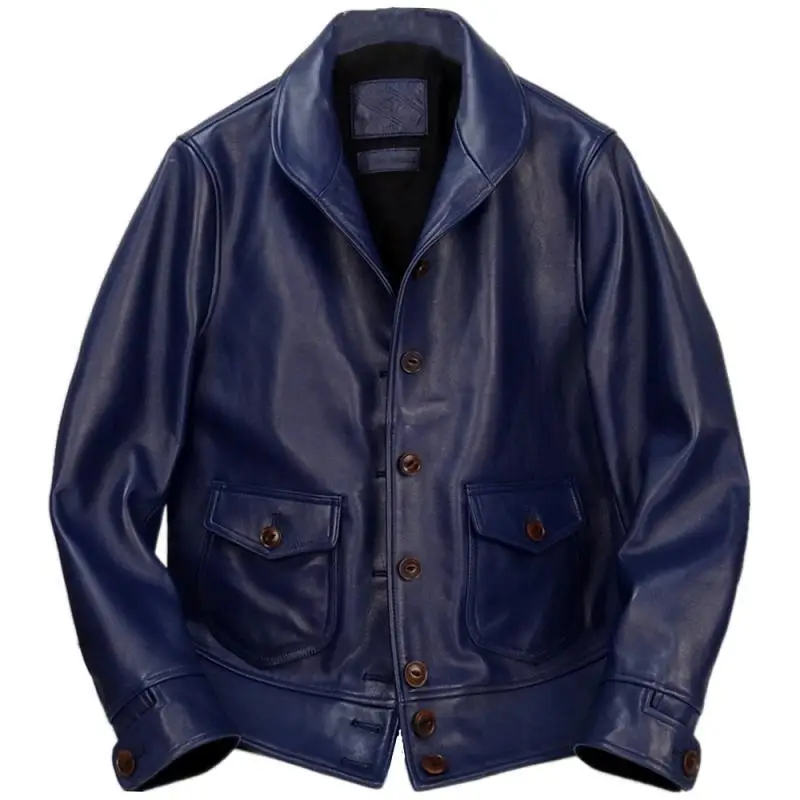 

2020 Blue Men American Classic 1920s Jacket Single Breasted Plus Size XXXXL Genuine Cowhide Winter Slim Fit Leather Coat