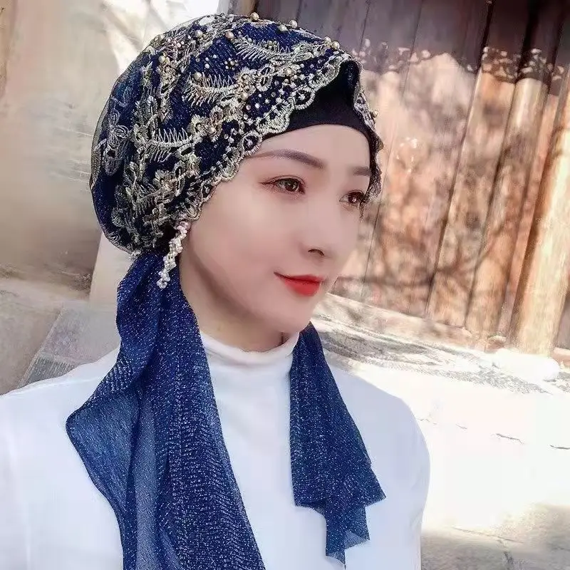 Gorro bordado de perforación en caliente para mujer, bufanda Hijab lista para usar, turbante musulmán, Hijab Retro, envolturas para la cabeza