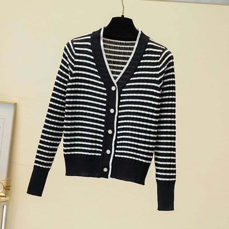 Open Stitch Sweater 2022 V-Neck Knitted Women Sweaters Spring Autumn Striped Pull Femme Loose Button Long Sleeve Jersey Mujer