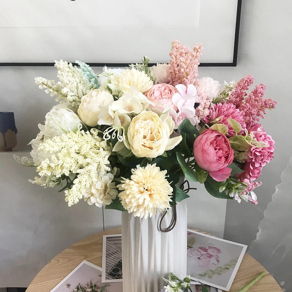 

Artificial Flowers Retro Silk Rose Bouquet Hydrangea Peony Vintage Bride Holding Fake Flower Home Wedding Decoration Accessories
