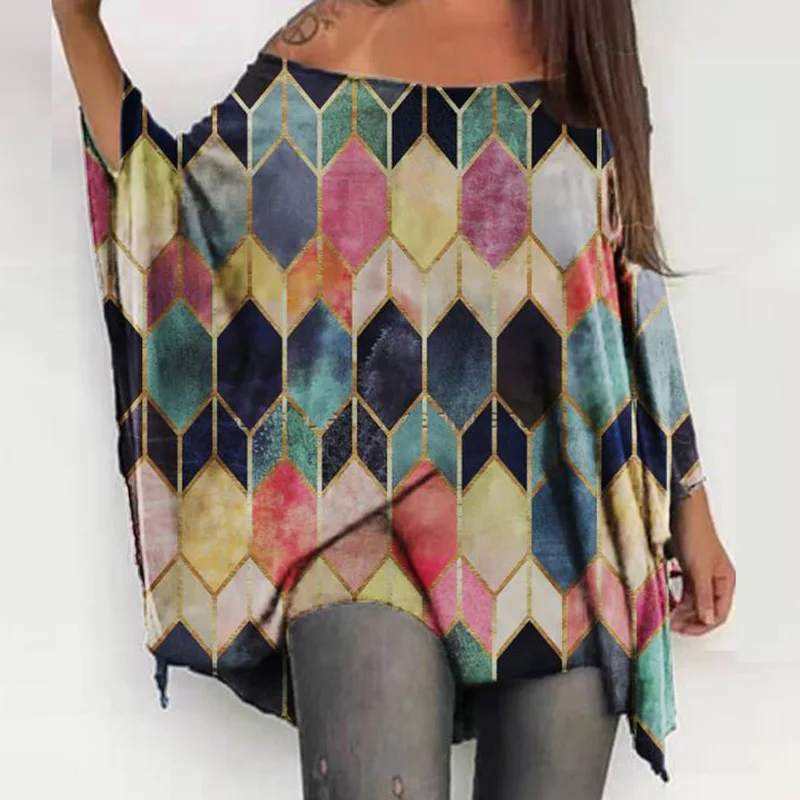 

2021 Fashion Colorful Pattern Shirts For Women Off Shoulder Long Sleeves Tops Casual Loose T Shirt Women Loose Tee
