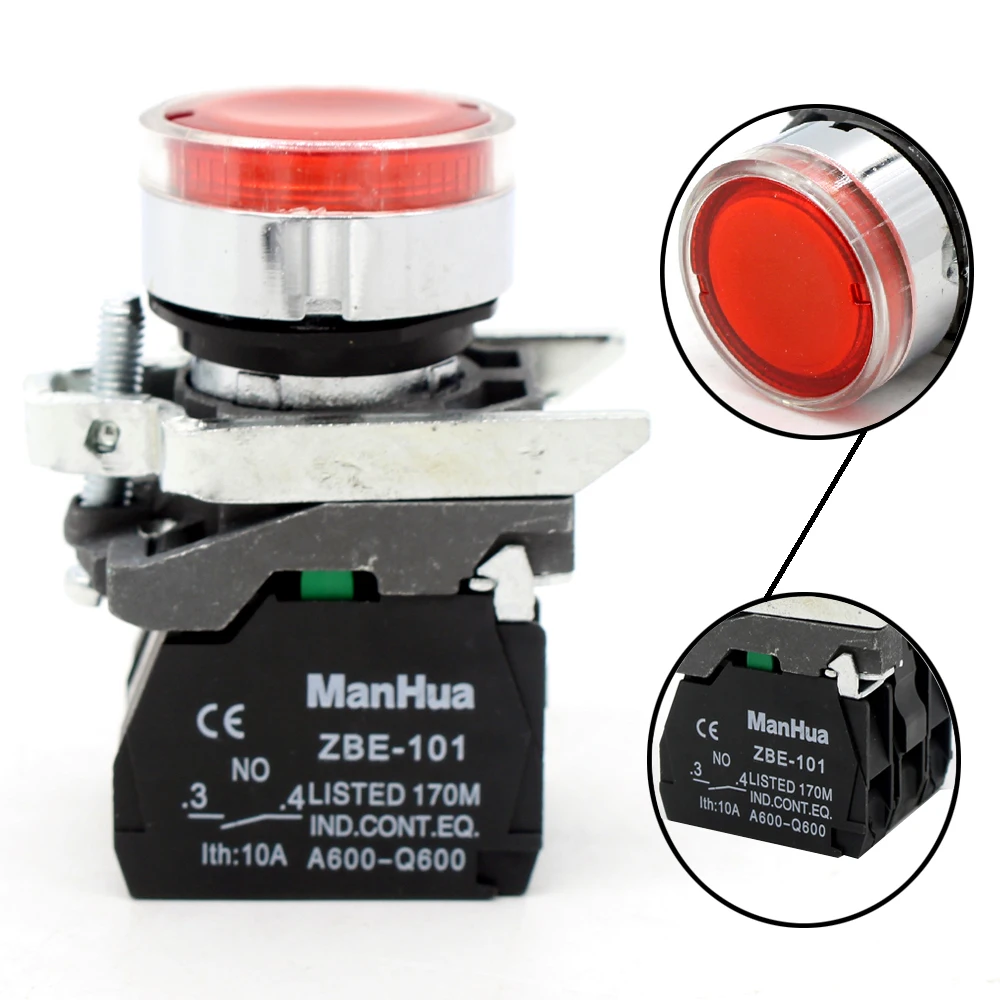 ManHua XB4-BW34M5 flush light and head flush lights 22mm red led push button switch with light