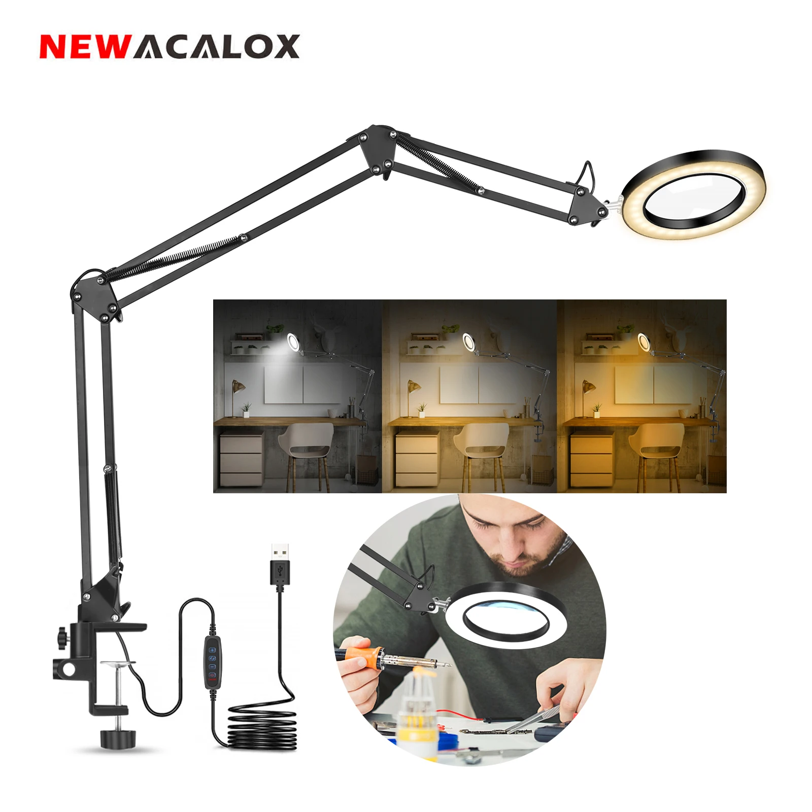 NEWACALOX elastyczne biurko duże 5X USB LED szkło powiększające 3 kolory podświetlana lampa lupa lupa czytanie/rosnąca/lutowanie