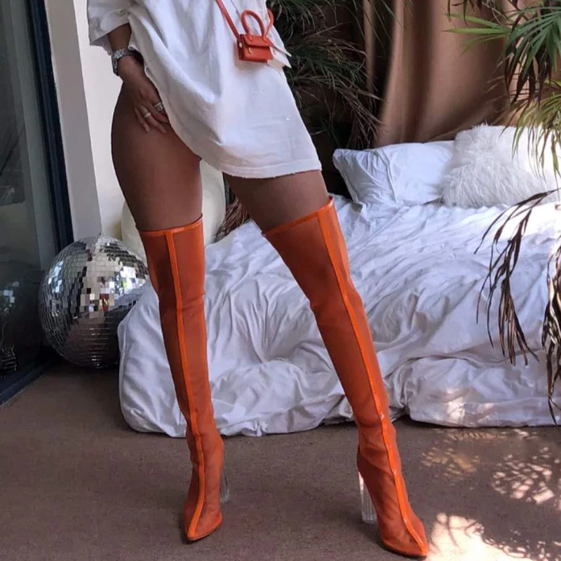 2024 New Mesh Neon Green Sandal Boots Women Sexy Over The Knee Boots Pointed Toe High Heels Party Shoes Woman Thigh High Boots